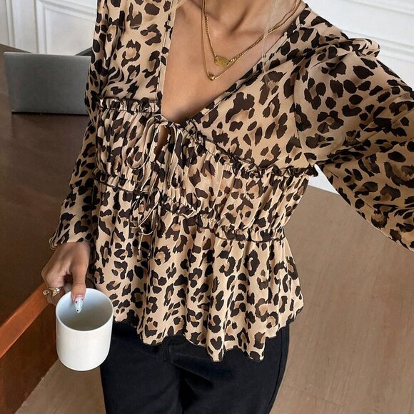 Multicolor Casual Women's Front Tie Long Sleeve Leopard Print Shirt - Picture 4 of 7